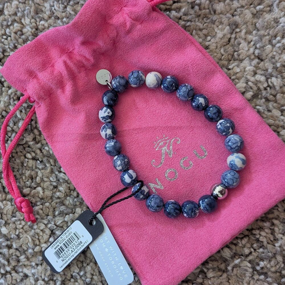 NWT NOGU Stretch Bracelet Blue White Patterned Beads